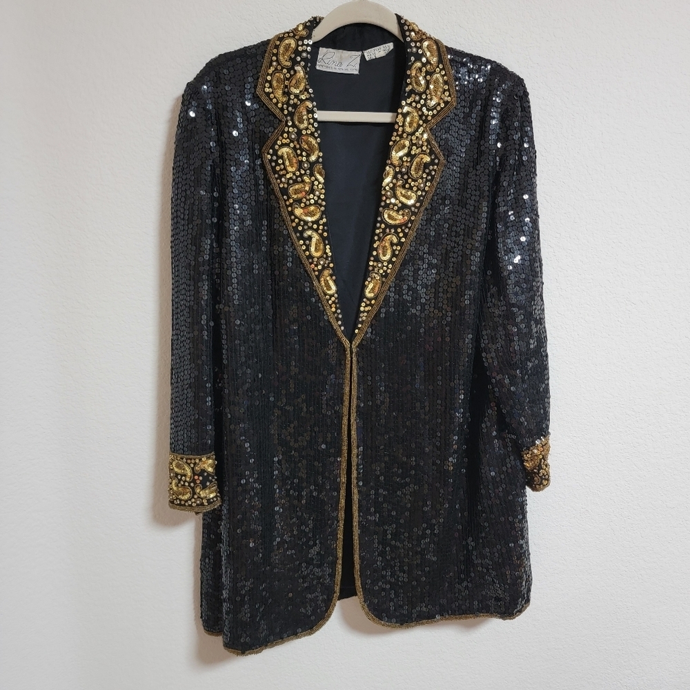 Vintage Rina Z Elegant Black and Gold Sequin and Beaded Jacket